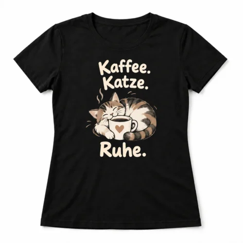 Damen-T-Shirt Kaffee. Katze. Ruhe. – Produktansicht