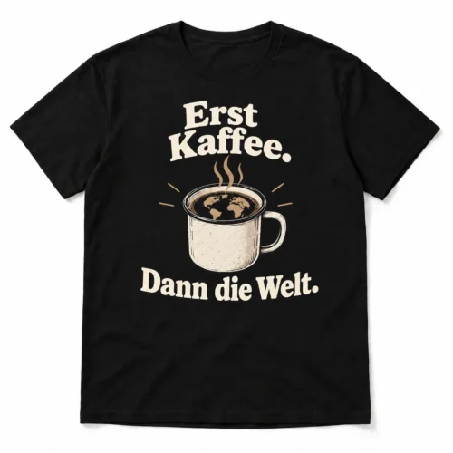 Herren-T-Shirt Erst Kaffee. Dann die Welt. – Produktansicht